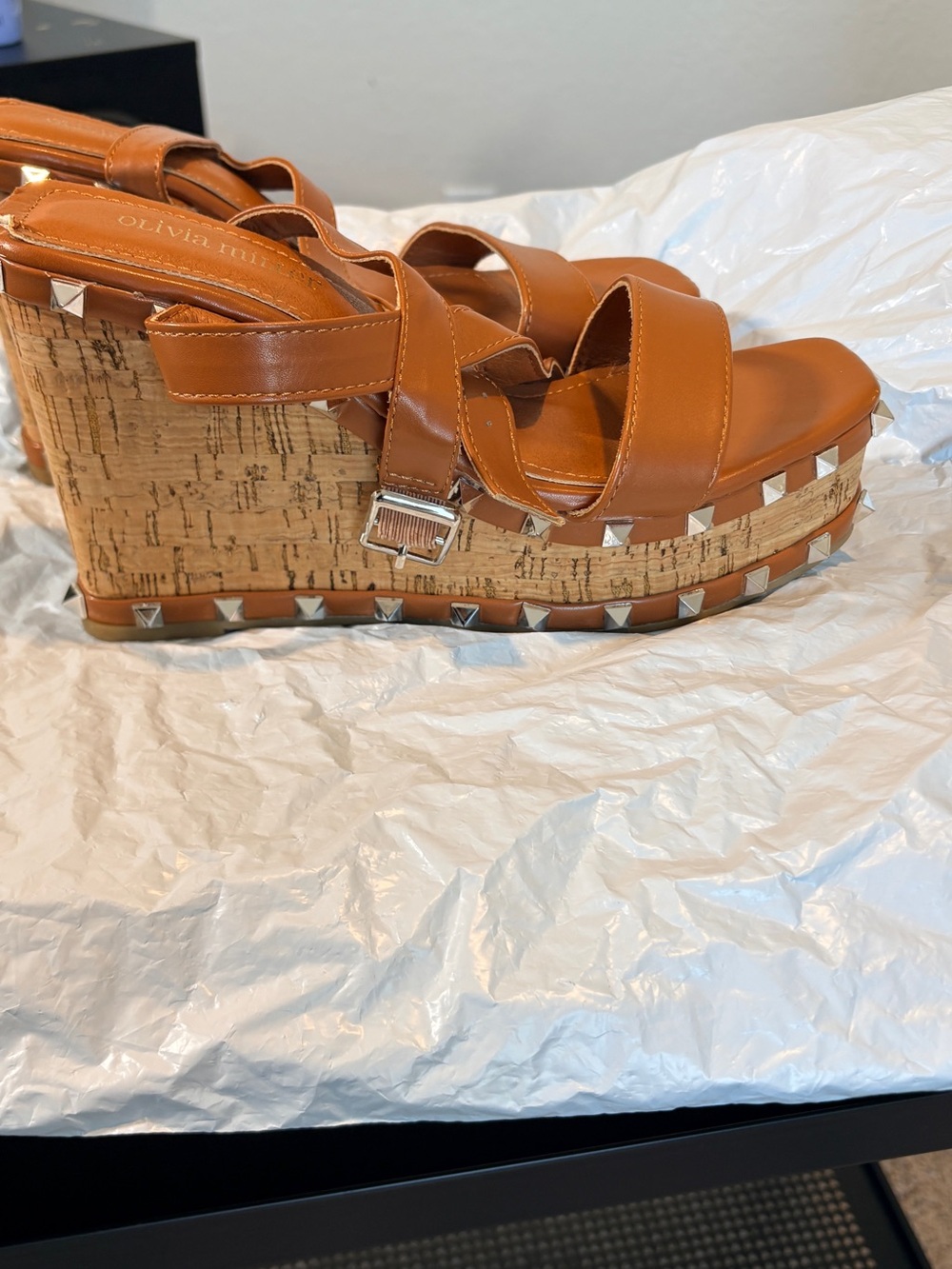 Olivia Miller Cognac Leather Cork Wedge Sandals with Studs
